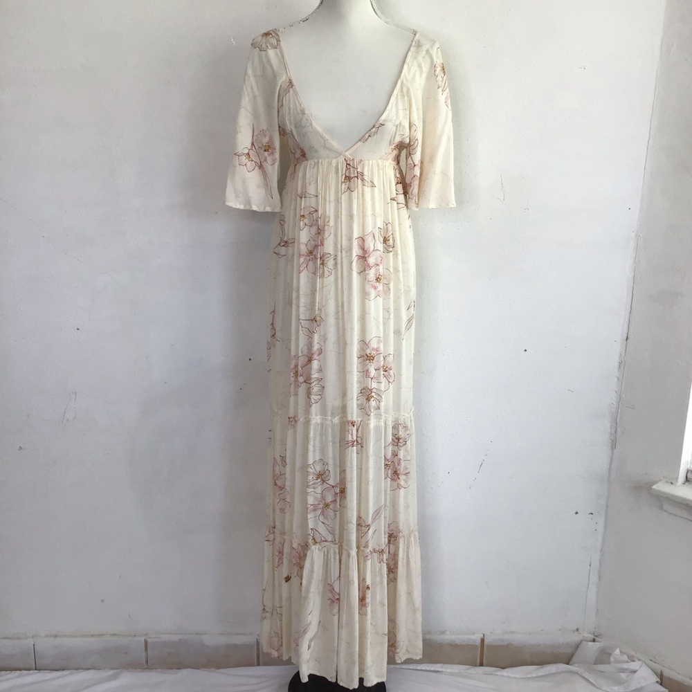 Billabong Women Elegant Cream Pink Floral Tiered Ruffle Maxi Dress S